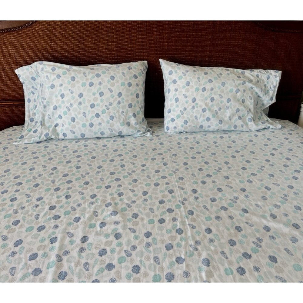 Set 3 Queen Sea Shell Flat Sheet + 2 Qu Pillowcases 60% PIMA COTTON Ocean Summer - Picture 4 of 14